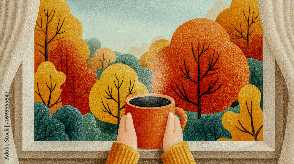 Poster a person is holding a cup of coffee in front of a window with trees outside. the scene is set in aut