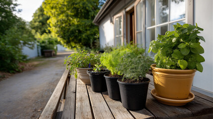 Fototapeta premium A zero-waste home garden with families growing organic herbs, using compost and reusable pots, zero-waste, sustainable, ethical farming, organic gardening, eco-friendly.