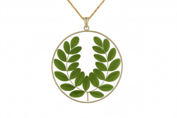Golden pendant encircling verdant leaves forming laurel wreath emblem, set against transparent backdrop