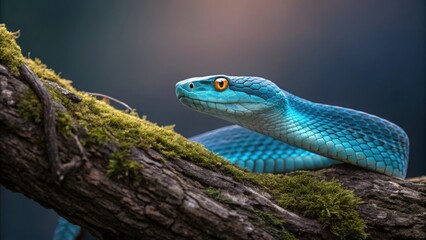 Fototapeta premium Closeup of a blue viper snake resting on a mossy branch in the forest