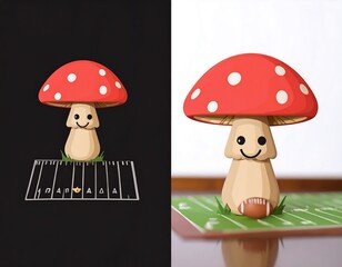 Cute mushroom on a football field, two views
