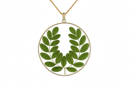 Golden pendant encircling verdant leaves forming laurel wreath emblem, set against transparent backdrop