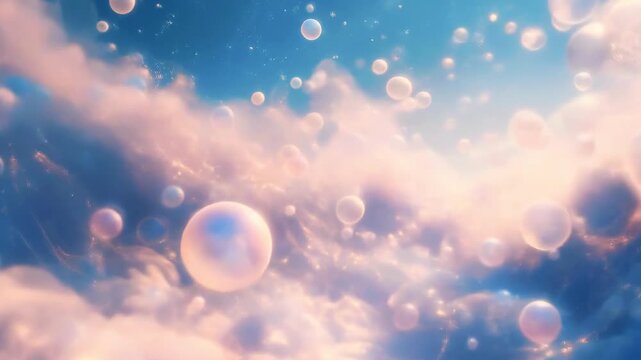 Ethereal bubbles floating in a pastel sky, creating a dreamy atmosphere with soft clouds