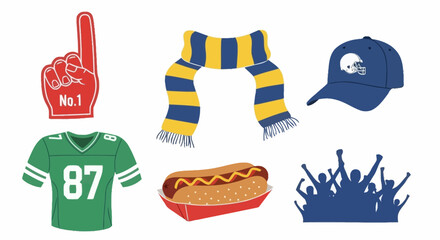 Assortment of American Football Fan Gear and Tailgating Essentials Depicted in a Flat Vector Style for Game Day Celebrations and Sports Related Designs