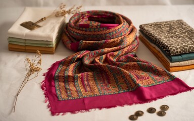A colorful patterned scarf is elegantly draped over a stack of folded fabrics, with dried flowers and coins adding decorative accents