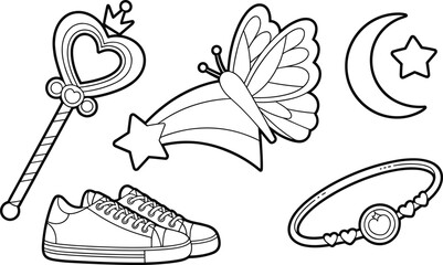 Cute magical girl wand, sneakers, butterfly, moon, bracelet, dreamy fantasy illustration for kids, kawaii coloring page, black and white vector artCut