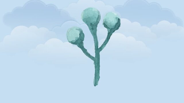 draw scenery of green bud tree in hilly area with flying bird and cloudy sky on blue screen background
