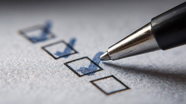 A pen ticking boxes on a checklist communicates task completion and accountability, reinforcing planning, progress tracking and productivity.
