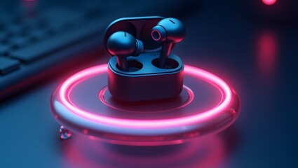 Technology Theme, Wireless earbuds levitating with neon glowing soundwave rings. selective focus