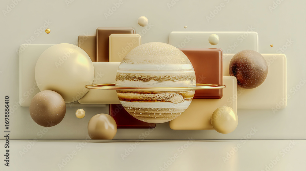 Poster a gold and brown planet is surrounded by a variety of different colored spheres. the scene is abstra