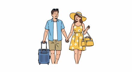 Happy Couple Traveling Together with Luggage and Handbag, Ideal for Travel Advertising, Vacation Planning, and Tourism Marketing Materials for Summer Holidays