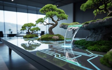 Modern office interior with bonsai trees and a futuristic waterfall on a table with circuit patterns