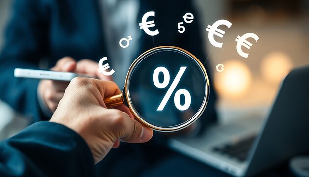 Magnifying glass on percentage symbol with currency and gender symbols near laptop finance business