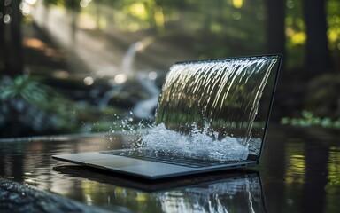 Laptop submerged in a forest stream with water flowing over the screen and keyboard