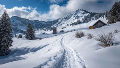Snowy mountain trail toward a rustic cabin in winter
