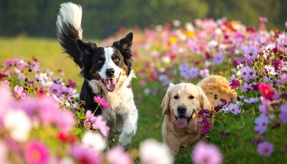 Two dogs running through a colorful flower field