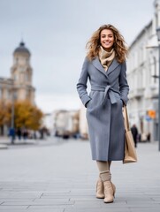 Fototapeta premium Happy Woman Walking in City Street with Shopping Bag in Winter F