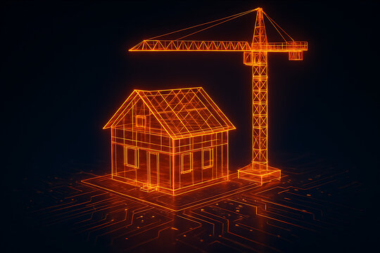 An intricate, glowing orange wireframe of a house under construction next to a wireframe of a construction crane on a dark digital background - Powered by Adobe