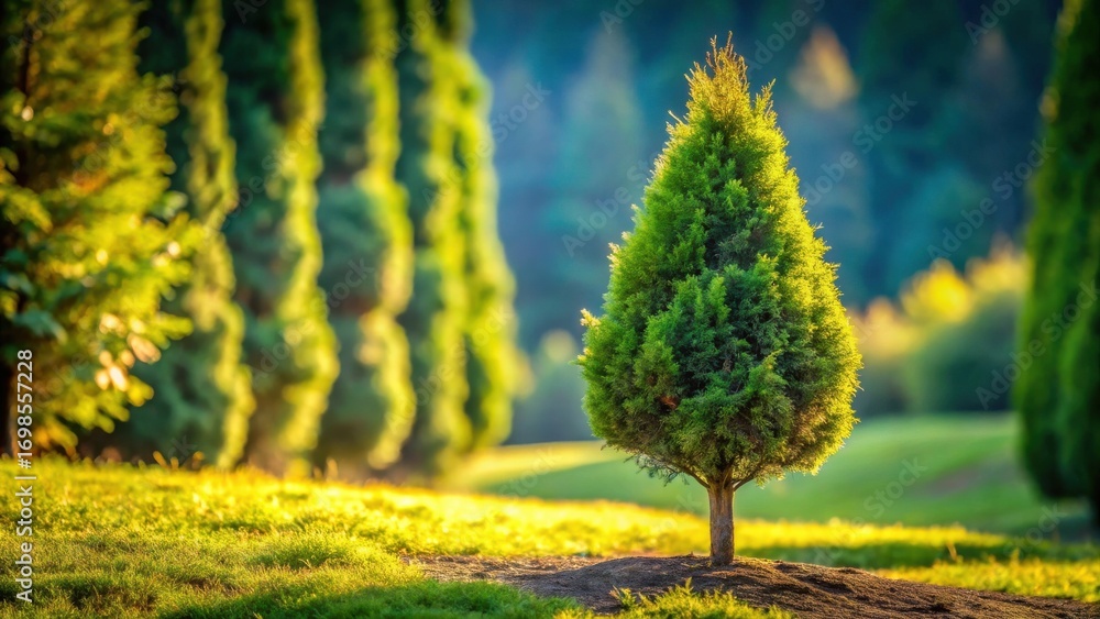 Poster a single evergreen tree stands proudly in a sunlit meadow, surrounded by a blurred background of sim