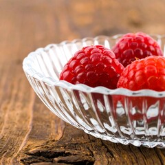 Fresh raspberries in a clear glass bowl on a wooden surface