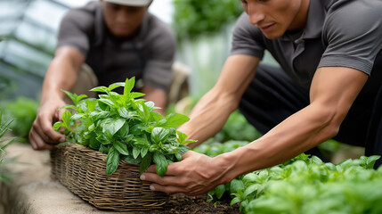 A sustainable herb garden with workers harvesting fresh basil and mint, using organic compost and solar irrigation, ethical farming, sustainable, renewable energy, organic agricult