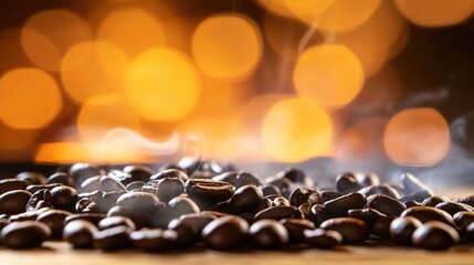 Obraz premium Freshly roasted coffee beans on wood with aromatic steam in warm directional light.