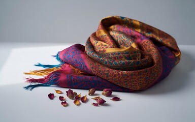 A beautifully folded and textured scarf with a colorful abstract pattern, featuring fringed edges and scattered dried rose petals