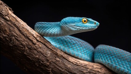 Naklejka premium Closeup of a blue viper snake resting on a tree branch at night