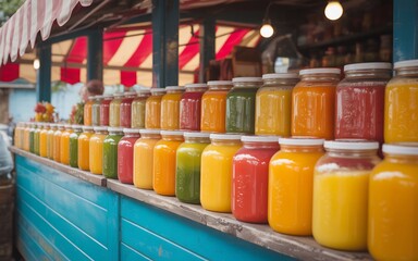 Row of colorful fresh juice in glass jars on a wooden counter at a market stall