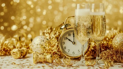 A pair of champagne glasses are on a table next to a gold clock. The clock is set to the time of 10:30