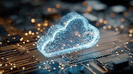 Cloud hologram over circuit board representing secure cloud computing and modern data infrastructure, illustrating connectivity innovation and scalable digital transformation for business systems.
