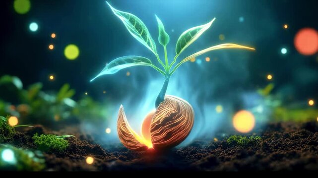 Vibrant seedling emerging from split seed in a mystical forest, surrounded by glowing particles