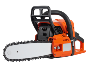 Gas-Powered Chainsaw with Sharp Blade and Safety Guard, Side View, Isolated on Transparent Background
