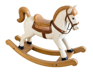 Top-Down View of Rustic Rocking Horse Toy with Distressed Paint and Rounded Edges, Transparent Background
