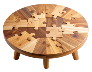 Interlocking Wooden Jigsaw Coffee Table with Natural Grain Finish, Top-Down View, Isolated on Transparent Background