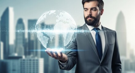 A businessman in a suit holds a holographic globe displaying global data, showcasing futuristic technology and urban surroundings.