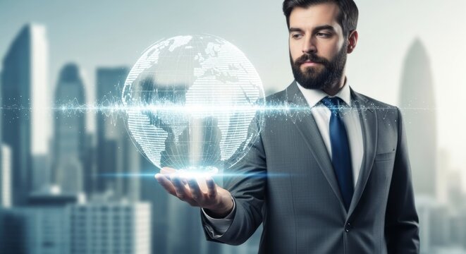 A businessman in a suit holds a holographic globe displaying global data, showcasing futuristic technology and urban surroundings. - Powered by Adobe