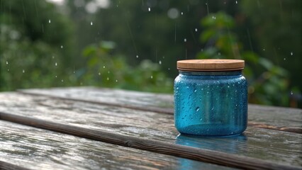 Naklejka premium A blue jar on a wooden table in the rain with a green background