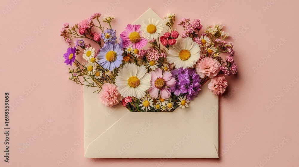 Poster a white envelope with a floral design on it. the flowers are in various colors and are arranged in a