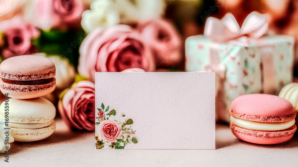 Poster a card with a flower design on it sits on top of a plate of macarons. the macarons are pink and arra