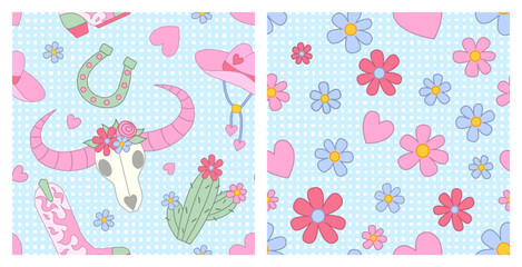 Cowgirl seamless pattern set. Cowboy western theme, cow skull, cactus, cowboy hat, boots and daisy flowers in Pink girly style. Hand-drawn cartoon print on a checkered blue background. Vector illustra
