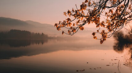 Tranquil Lake at Dawn with Autumn Branches