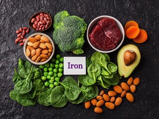 A vibrant arrangement of iron-rich foods, including spinach, broccoli, almonds, and red meat, highlighting healthy eating and nutrition.