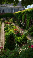 Secret Walled Rose Garden Beside Stone Abbey – Romantic Historic Garden Photography
