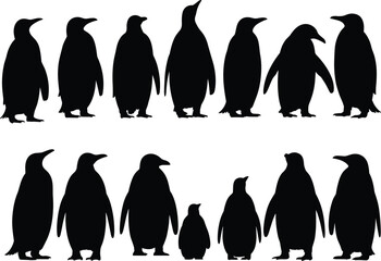 Penguin silhouette vector set, black penguin illustrations, arctic animal clipart, wildlife icons, antarctic birds, simple design, minimal art