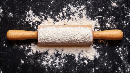A wooden rolling pin covered in flour rests on a dark surface, surrounded by scattered flour, suggesting preparation for baking.