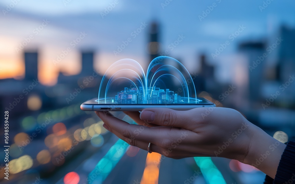 Aufkleber a hand holding a smartphone displaying a futuristic digital network visualization against a blurred 