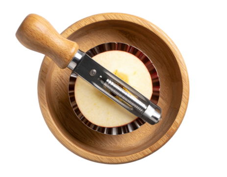 Top-Down View of Metal Apple Corer with Circular Blade and Handle, Ready for Use, Transparent Background