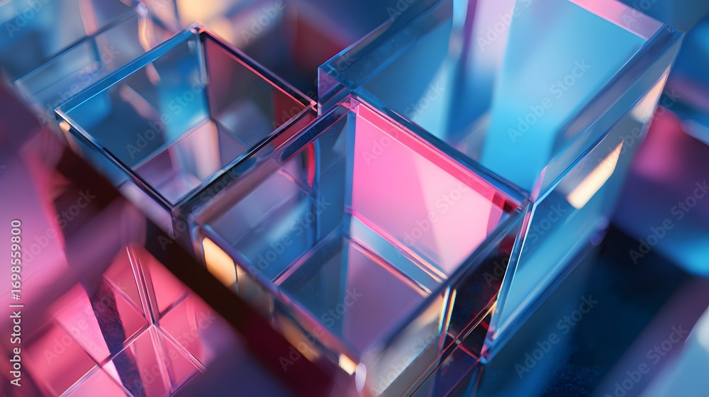 Poster abstract geometric shapes with reflective surfaces and gradient colors isolated on black background.