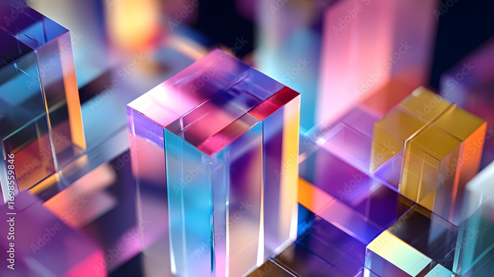 Poster abstract geometric shapes with reflective surfaces and gradient colors isolated on black background.